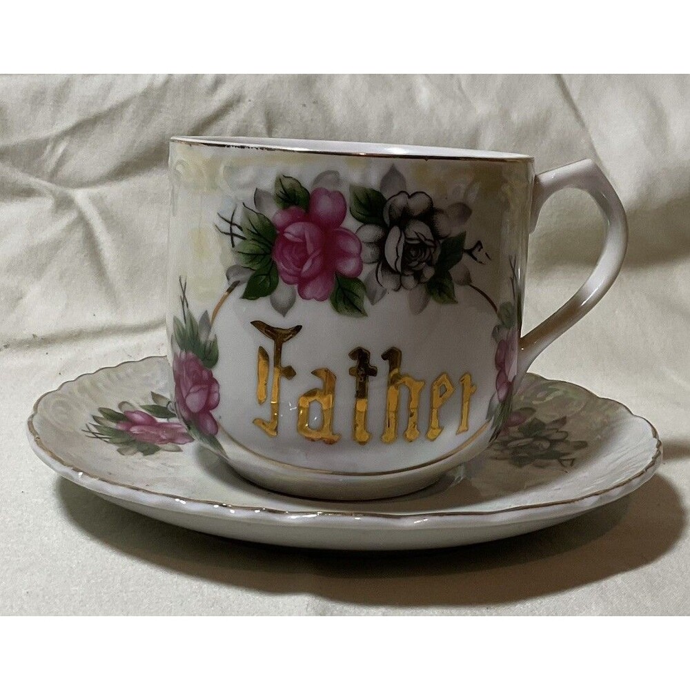 Vintage Mid Century “Father” Cup And Saucer Floral Iridescent